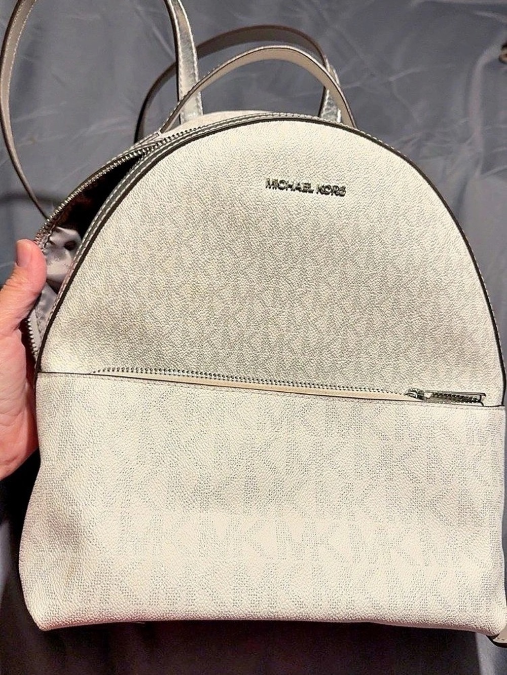 Michael Kors Rhea Medium Leather Backpack in White & silver NWT
